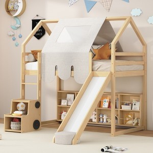 Twin/Full Size Loft Bed with House-shaped Frame, Tent and Storage Shelves, Natural/White-ModernLuxe - 1 of 4