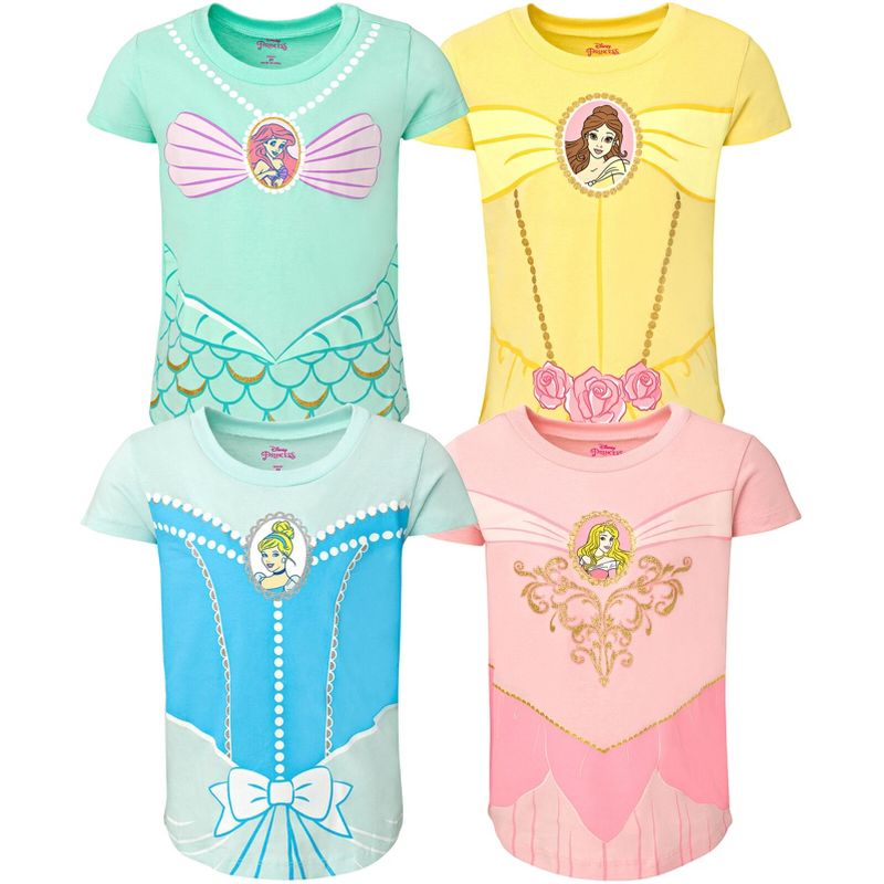 Disney Princess Ariel Moana Jasmine Belle Cinderella Aurora Tiana Girls 4 Pack Graphic T-Shirts Toddler to Big Kid, 1 of 9