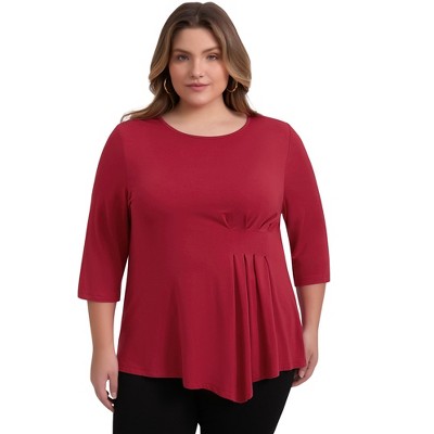 GRACE & GRANDEUR Women's Plus Size 3/4 Sleeve Waist Pleated Asymmetric Hem Crew Neck Casual Blouses