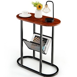 Costway 2-tier Side Table Oval Narrow End Table Nightstand Bedside Table Brown - 1 of 4