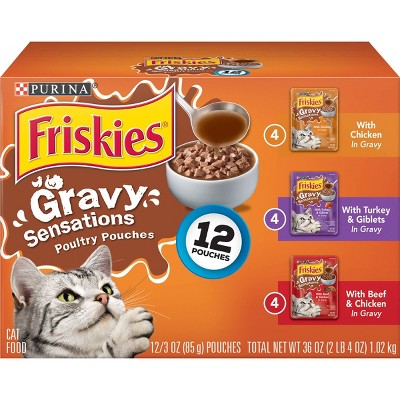 Purina Friskies Gravy Sensations Wet Cat Food Poultry Pouches with Chicken, Turkey & Beef - 3oz/12ct Variety Pack