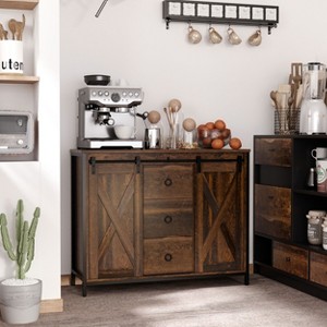DOMETOUR Farmhouse Buffet Cabinet Kitchen Sideboard with Sliding Barn Doors Three Drawers and Adjustable Shelves for Dining Room Rustic Brown - 1 of 4