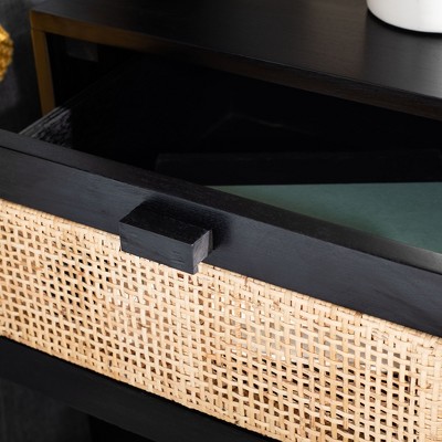 Hedwig Coastal Black & Natural Rattan 2-Drawer Nightstand