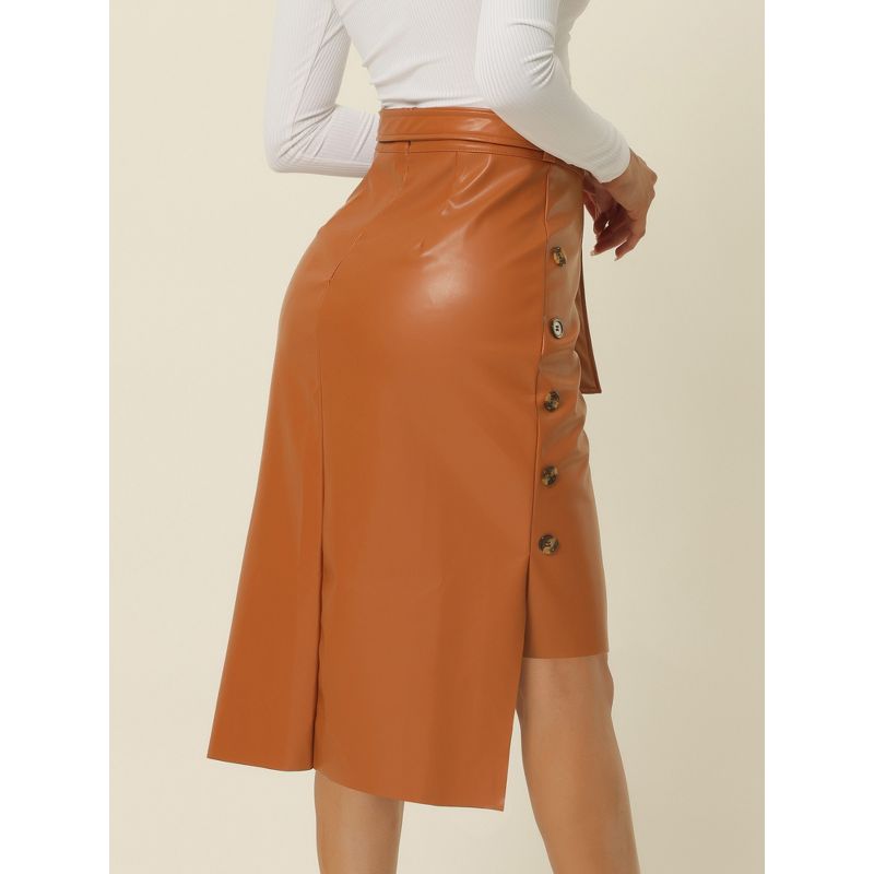 Seta T Womens' High Low Hem Belted High Waist Side Button Decor Faux-Leather Skirt, 4 of 6