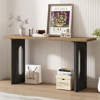 Sapphtopaz Modern Console Table with Round Hollow Legs Wood Veneer TV Stand with Groove Design Unique Entryway Table for Living Room, Hallway