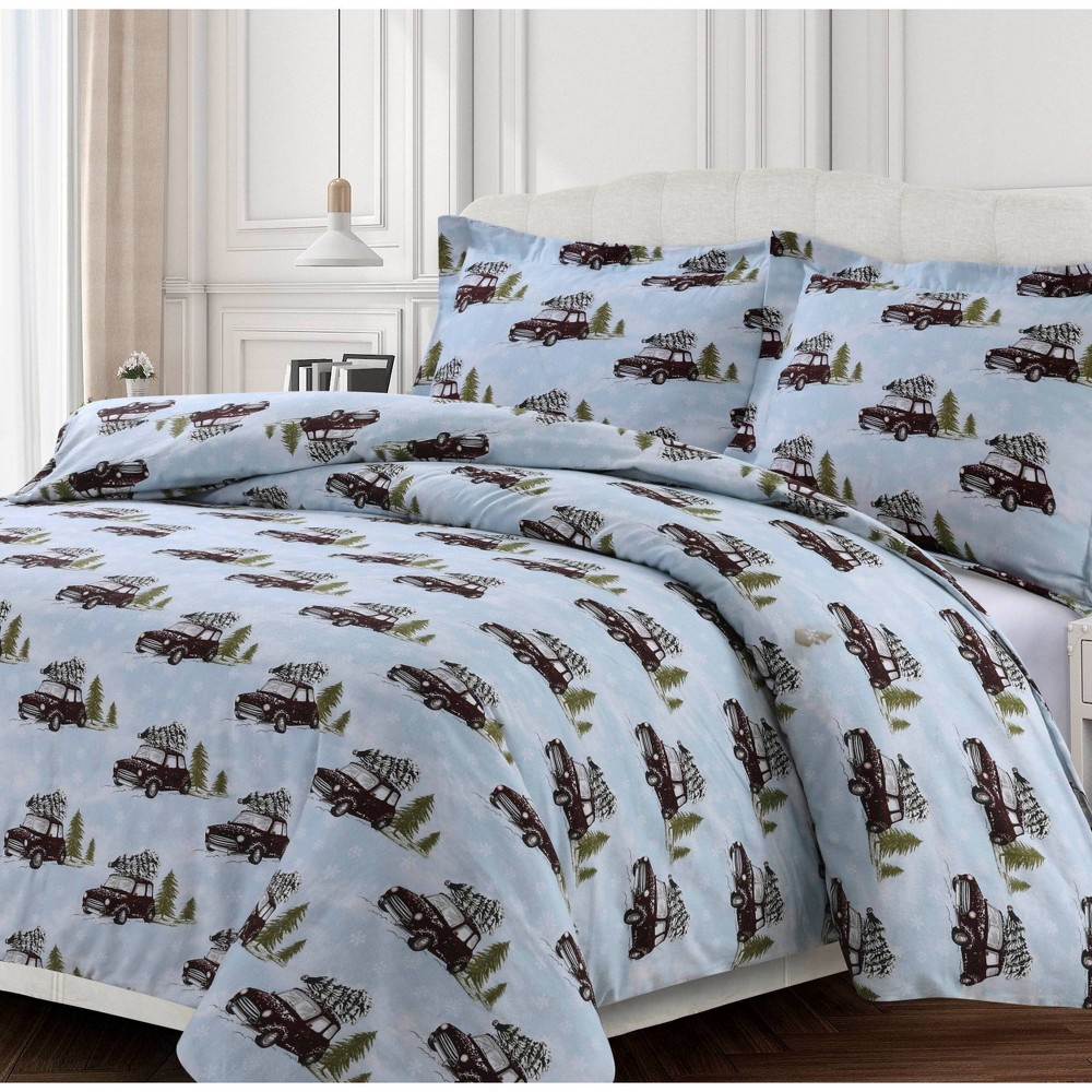 Queen 3pc Winter Outing Printed Cotton Flannel Oversized Duvet Set Blue - Tribeca Living