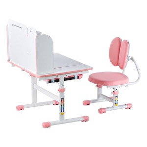 VEVOR Kids Study Chair and Desk Set, Study Desk and Chair with Bookshelf & Storage Drawer, Adjustable Height & 0-40° Tilted Desktop, Pink - 1 of 4