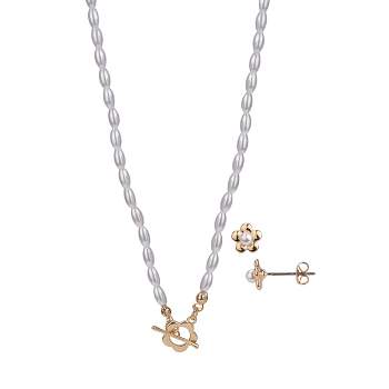 FAO Schwarz Pearl and Gold Tone Toggle Necklace and Earring Set
