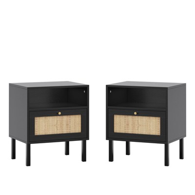 Angel Sar Rattan Nightstand Set 2, Bedside Table with Open Shelf and Door, Boho End Table