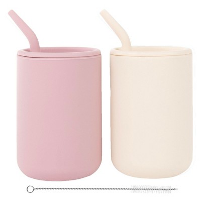 WeeSprout Silicone Baby Cups With Straws and Lids, 4 & 8 oz Options, Set of 2, Food Grade Toddler Training Container, Built In Straw Stoppers