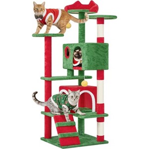54in Christmas Cat Tree, Tower with Spacious Kitten-Ear Perch, 2 Cozy Caves, Scratching Posts, Climbing Ladde - 1 of 4