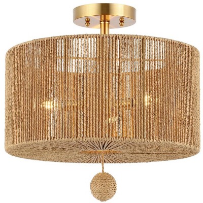 Solmaz Natural Paper Rope and Gold Drum LED Flush Mount Light