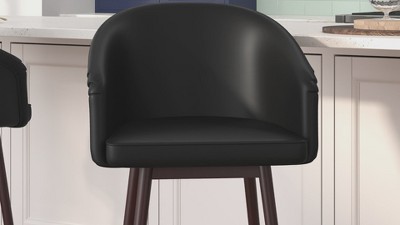 Black Leather and Walnut Wood Counter Stools with Metal Accents