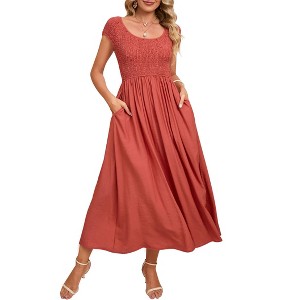 Women's Maternity Dress Casual Summer Round Neck Short Sleeve Smocked High Waist Maxi Dress with Pockets - 1 of 4