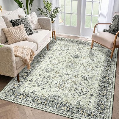 Acekool Washable Vintage Area Rug 6x9 Ultra Soft Faux Wool Non Slip Low Pile Oriental Floral Carpet for Living Room Bedroom Nursery Green