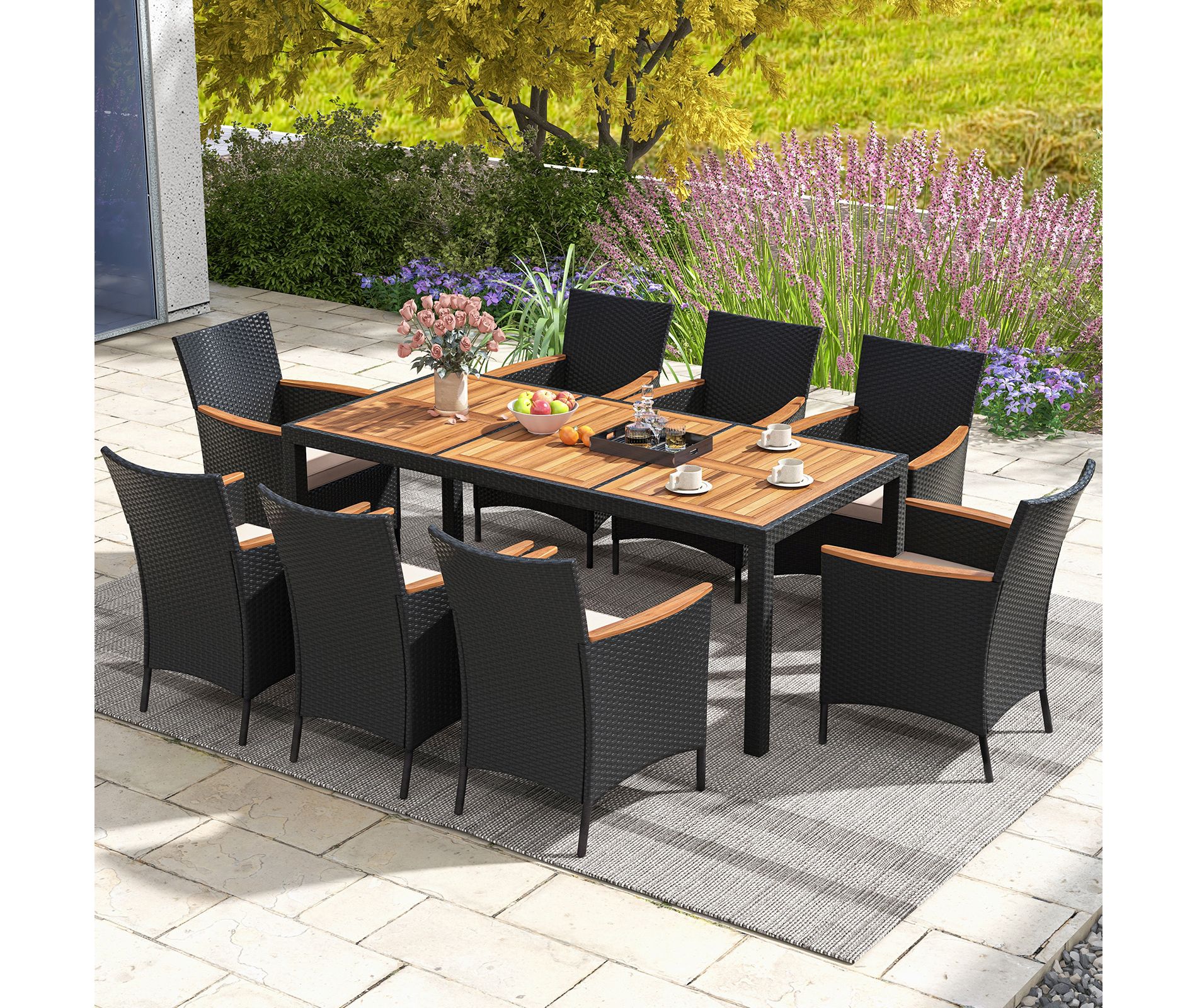 Costway 9 PCS Outdoor Dining Set with Acacia Wood Tabletop, Umbrella Hole, Seat Cushions