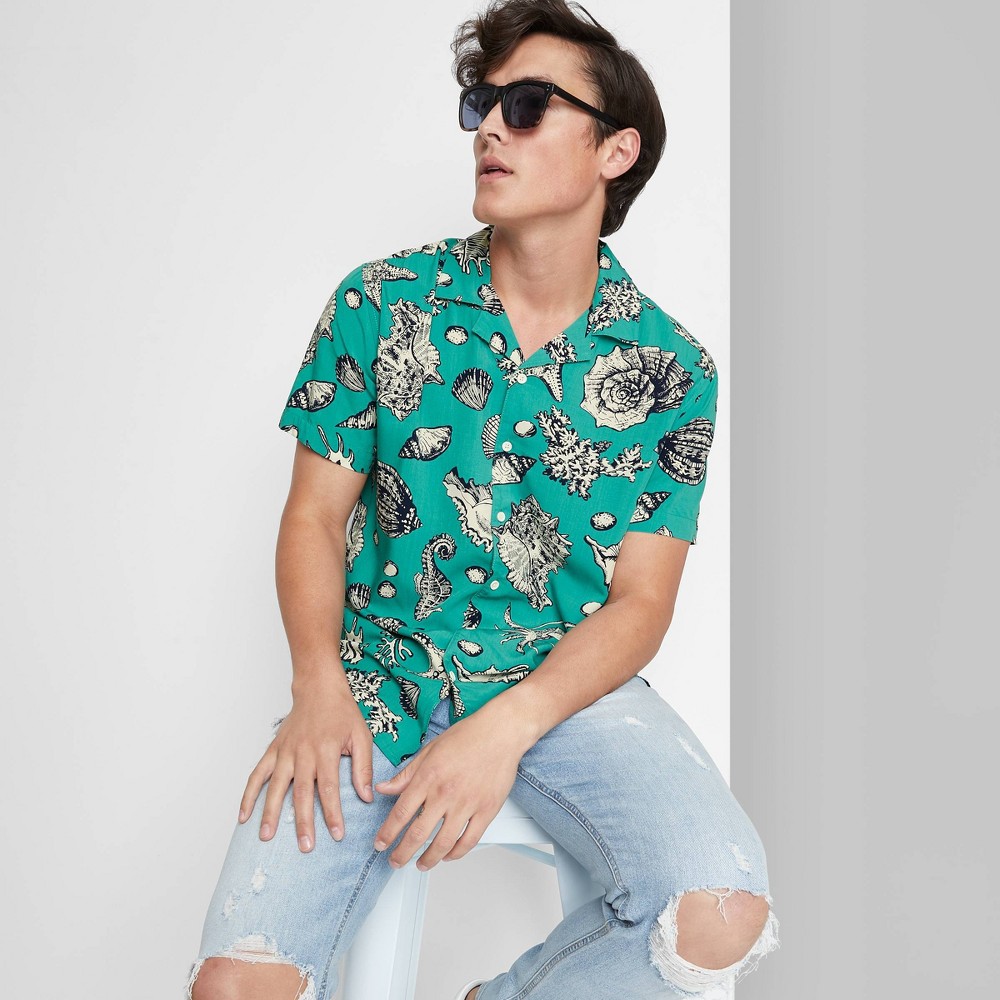 Men's Printed Short Sleeve Button-Down Shirt - Original Use Light Teal Green/Seashell M