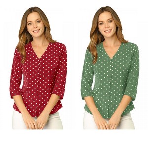 INSPIRE CHIC Women's Polka Dots 3/4 Sleeve Casual Button Front Shirt 2 Pieces - 1 of 4