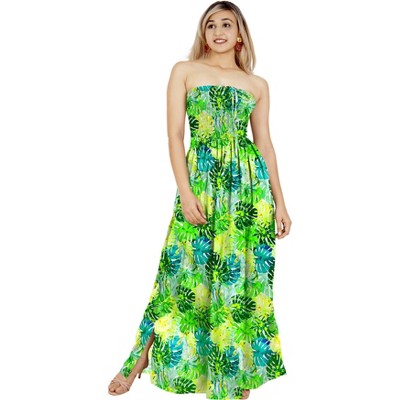 HAPPY BAY Women's House Daily Routine Evening Wear Maxi A Line Casual Slit Party Strapless Tube Top Dress L-XL Monstera Leafs, Green