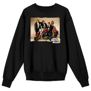 Boy Meets World Topanga, Cory, Shawn, and Eric on Motorcycle Adult Black Crew Neck Sweatshrit - 1 of 3
