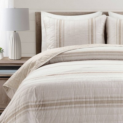 Farmhouse Stripe King Cotton Quilt Set in Neutral - Reversible