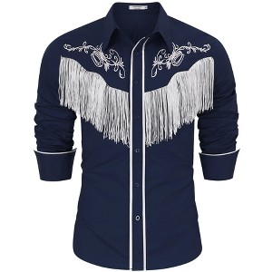 Men's Cowboy Costume Western Long Sleeve Casual Fringe Hippie Slim Fit Button Down Shirt - 1 of 4