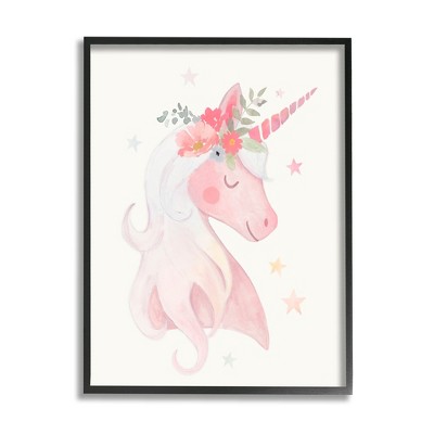 Stupell Industries Pastel Smiling Unicorn Pink Flower Blossom Crown Framed Giclee Art