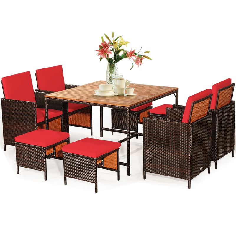 Costway 9PCS Patio Rattan Dining Set Cushioned Chairs Ottoman Wood Table Top White\Red, 4 of 13
