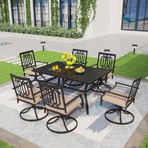 Captiva Designs 7pc Outdoor Patio Dining Slat-top Rectangle Steel Table & Swivel Metal Chairs with Cushions - 1 of 4