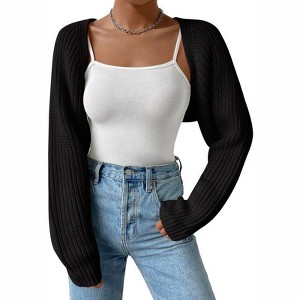 Coolmee Women's Open Front Ribbed Knit Crop Bolero Drop Shoulder Long Sleeve Loose Fit Knitted Crop Cardigan Shrug Black L - 1 of 4