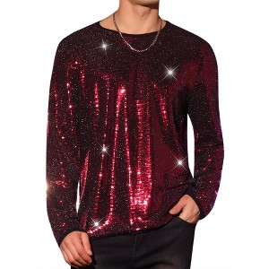 Lars Amadeus Men's Crew Neck Long Sleeves Party Clubwear Sparkly Sequins T-Shirt - 1 of 4