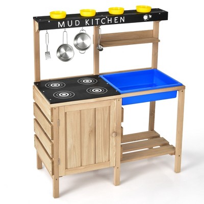 Costway Kids Kitchen Playset Wooden Outdoor Mud Kitchen Pretend Play Toy W/ Kitchenware