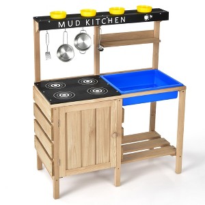 Costway Kids Kitchen Playset Wooden Outdoor Mud Kitchen Pretend Play Toy W/ Kitchenware - 1 of 4