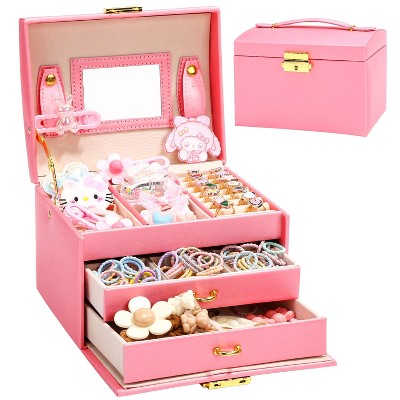 Skirfy 3-Layer Leather Jewelry Box with Built-in Mirror, Portable Travel Jewelry Storage Case with Lock, Gift Jewelry Case for Women and Girls, Pink