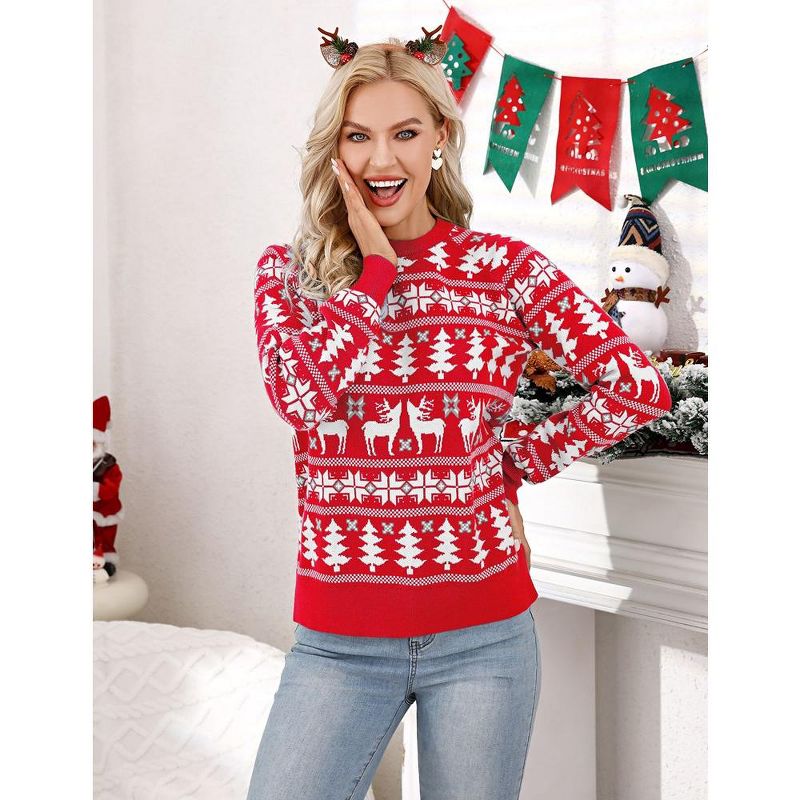 Family Christmas Sweater Reindeer Snowflake Pattern Crew Neck Holiday Pullover Knitwear, 3 of 6