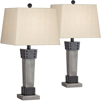 John Timberland Modern Farmhouse Table Lamps 26" High Set of 2 LED Gray Wood Dark Metal Rectangular Shade for Living Room Bedroom Bedside
