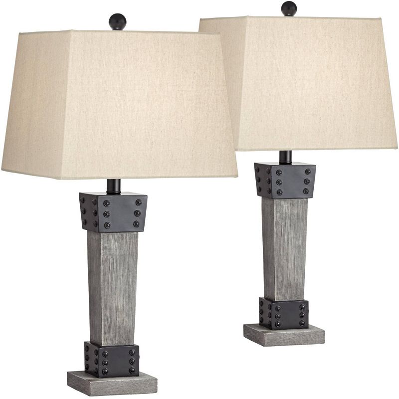 John Timberland Jacob Industrial Rustic Table Lamps Set of 2 26" High Gray Faux Wood with Dimmers LED Rectangular Shade for Bedroom Living Room House, 1 of 10