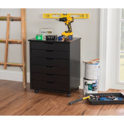 Cary Modern Black Pine Wood 6-Drawer Mobile Storage Cart
