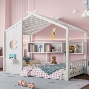 NicBex Twin/Full Kids Floor House Bed Frame with Storage Shelves & Roof Design,Modern Toddler Platform Bed,No Box Spring Needed - 1 of 4
