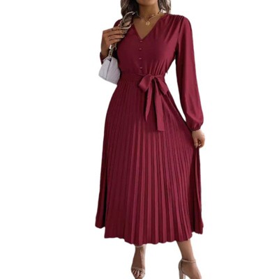 Coolmee Women's Elegant Flowy Pleated Dress Long Sleeves A Line Vacation Dress Business Work Outfits Midi Dresses with Belt