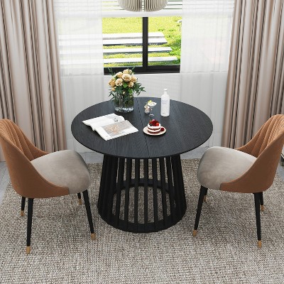 Round Coffee Table Conversation Table Dining Table Cocktail Table Center Table for Bedroom Living Room Balcony, Grille Molding, Black/Oak-ModernLuxe