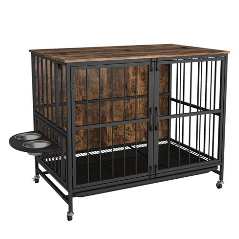 NicBex 31.5 Inch Dog Crate Wooden Dog Cage End Table with 2 Feeding Bowls and 2 Doors for Indoor Use,Antique Brown - image 1 of 4