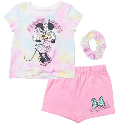 Mickey Mouse & Friends Minnie Toddler Girls 3 Piece Outfit Set: T-Shirt Shorts Scrunchy Pink/White 