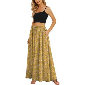 Women's High Waisted Pleated Flowy Maxi Skirt - Summer Casual with Pockets Golden Garden Delight - 1 of 4