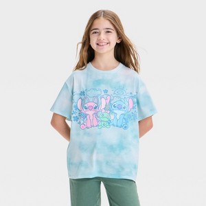 Girls' Stitch and Angel Oversized Short Sleeve Graphic T-Shirt - Blue - 1 of 4