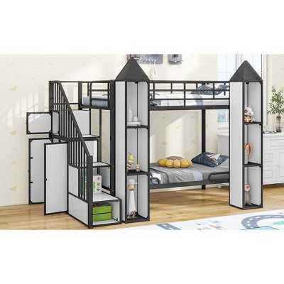 NicBex Twin over Twin Bunk Bed with Guardrail and Wardrobe,Castle-Shaped Loft Bed with Ladder and Multiple Storage,Bunk Beds for Bedroom