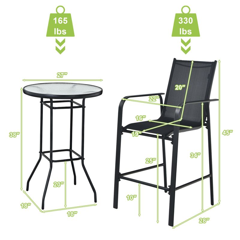 Tangkula 3 PCS Patio Bistro Set Outdoor Table & Chairs Set w/Tempered Glass Top Black, 3 of 7