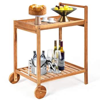 Costway 2-Tier Acacia Rolling Kitchen Trolley Cart Dining Serving Cart Outdoor w/ Wheels