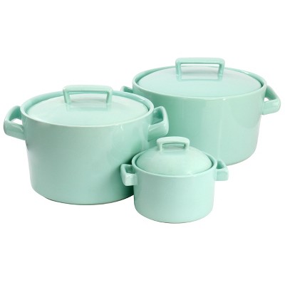 Rachael Ray Solid Glaze Ceramic 3pc Set: 1.5qt & 2qt Round Casseroles With  Shared Lid Teal : Target