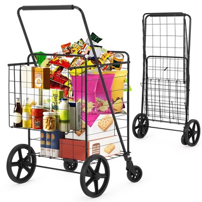 Folding Shopping Cart with Wheels Rolling Foldable Grocery Cart w/Double Basket